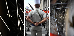 Ross Watson triptych photograph of soldier viewed from rear and flourescent lights either side